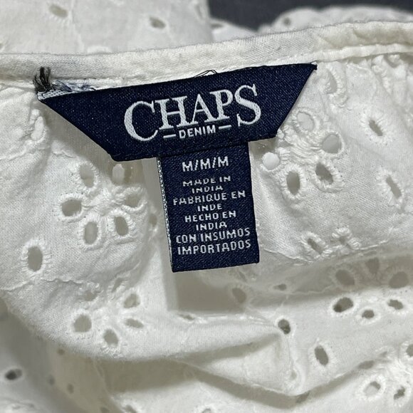 Chaps Eyelet Blouse White Popover V-Neck M Medium 3/4 Sleeve Cotton - Picture 4 of 7